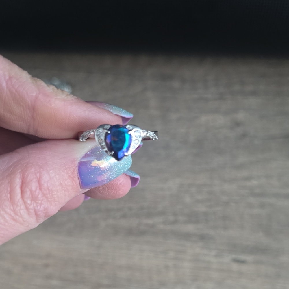 Silver Heart Ring with Blue Teardrop Gem